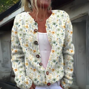 Thyra | Dame Strikket Cardigan Med Blomsterprint Og Knaplukning